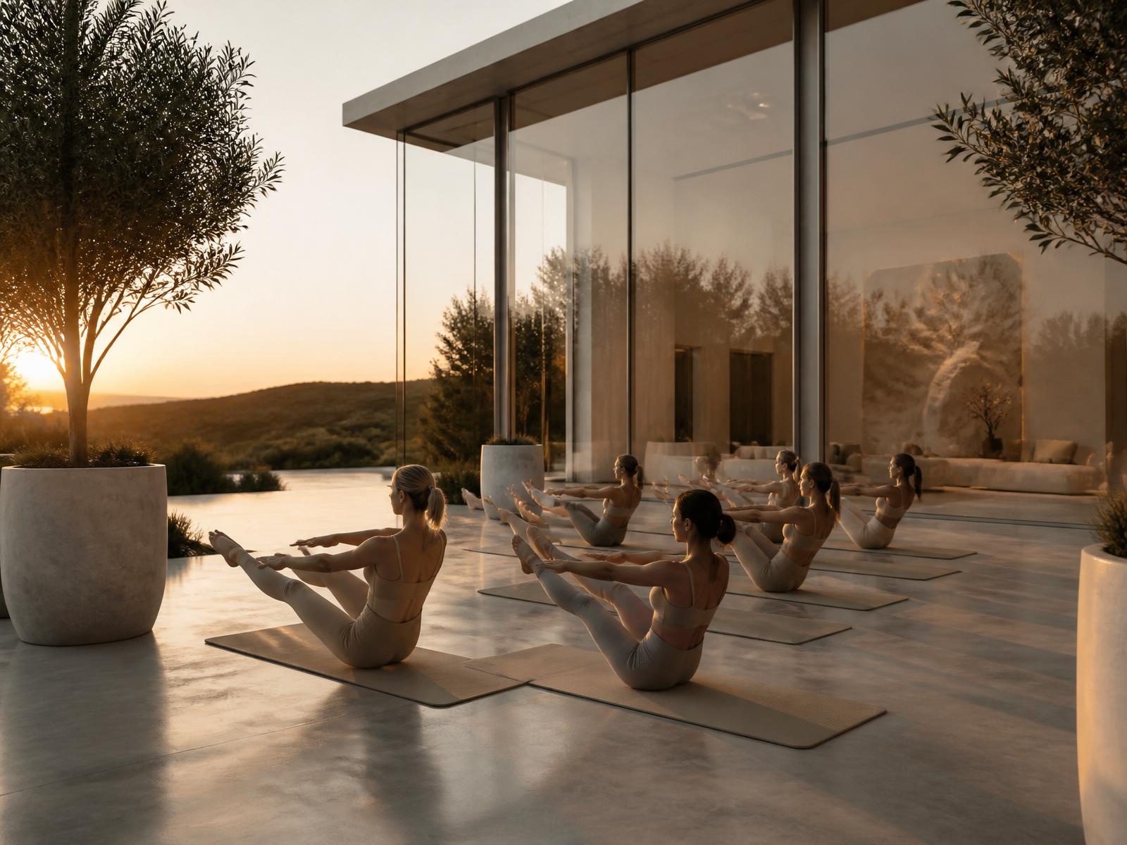 Group pilates class on a polished plaza beside a modern glass showroom at sunset