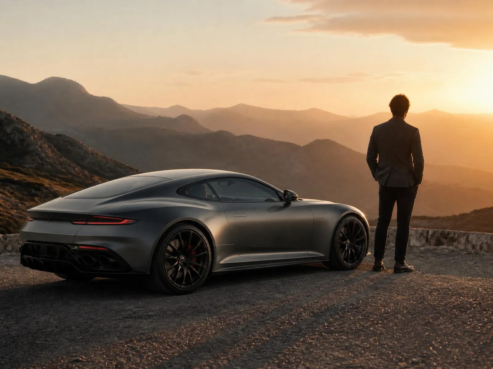 Man in a tailored jacket beside a matte grey grand-tourer at a mountain overlook at sunset