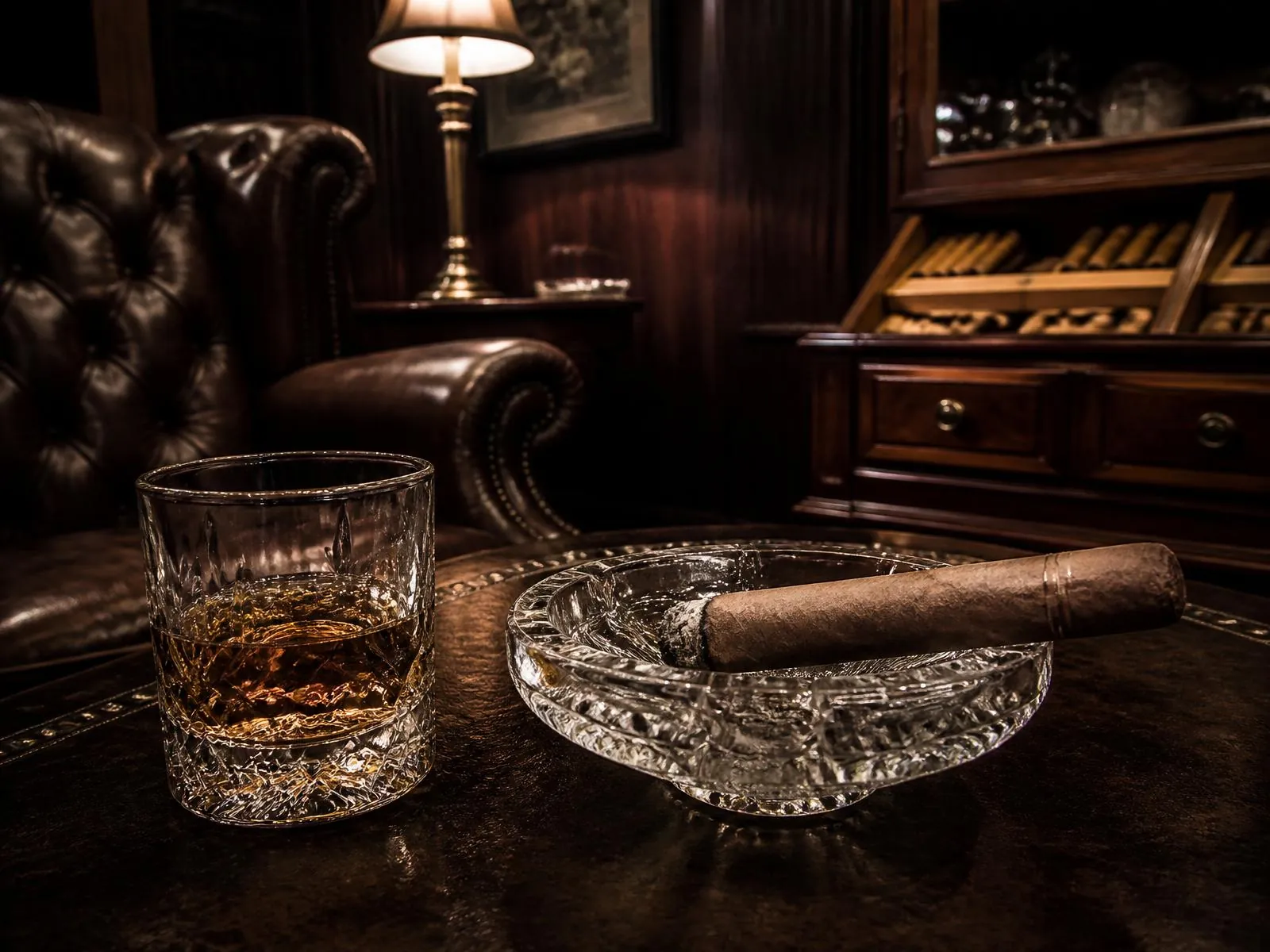 Whisky and a lit cigar resting on a crystal ashtray in a leather-bound cigar lounge