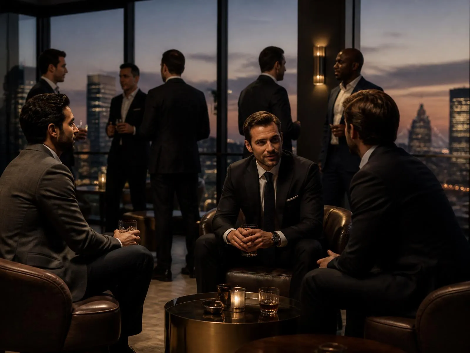 Men in tailored suits in conversation at a luxury penthouse business networking event at dusk