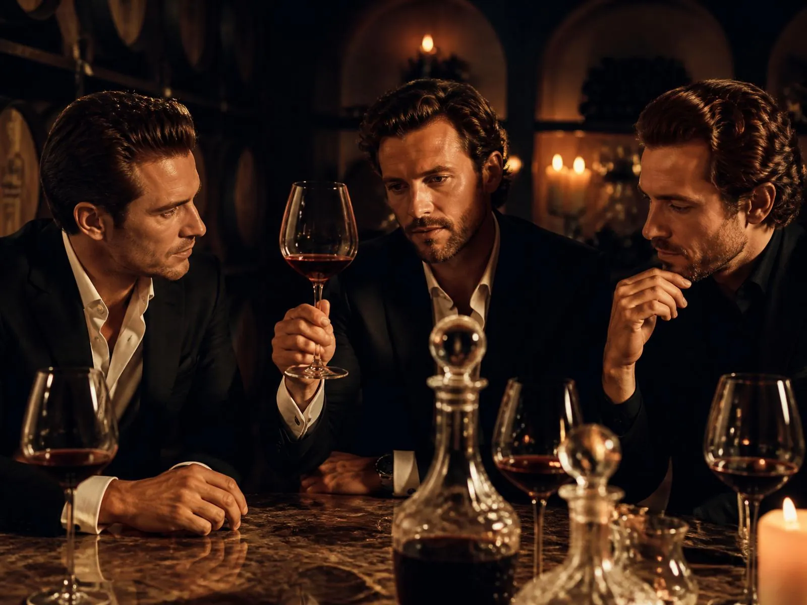 Three well-dressed men observing a glass of red wine at a candlelit private wine tasting